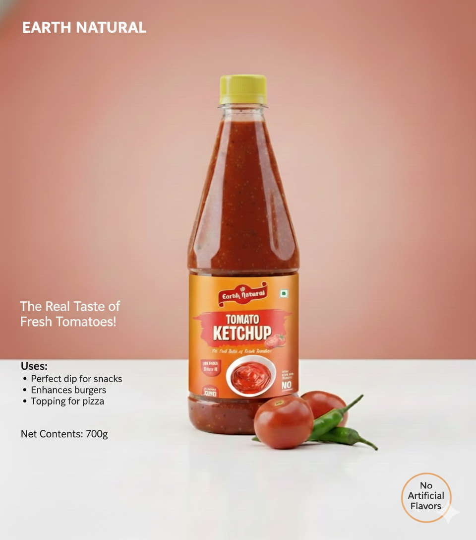 Earth Natural Tomato Ketchup (700g) – Rich Tangy Sweet Sauce for Snacks & Meals