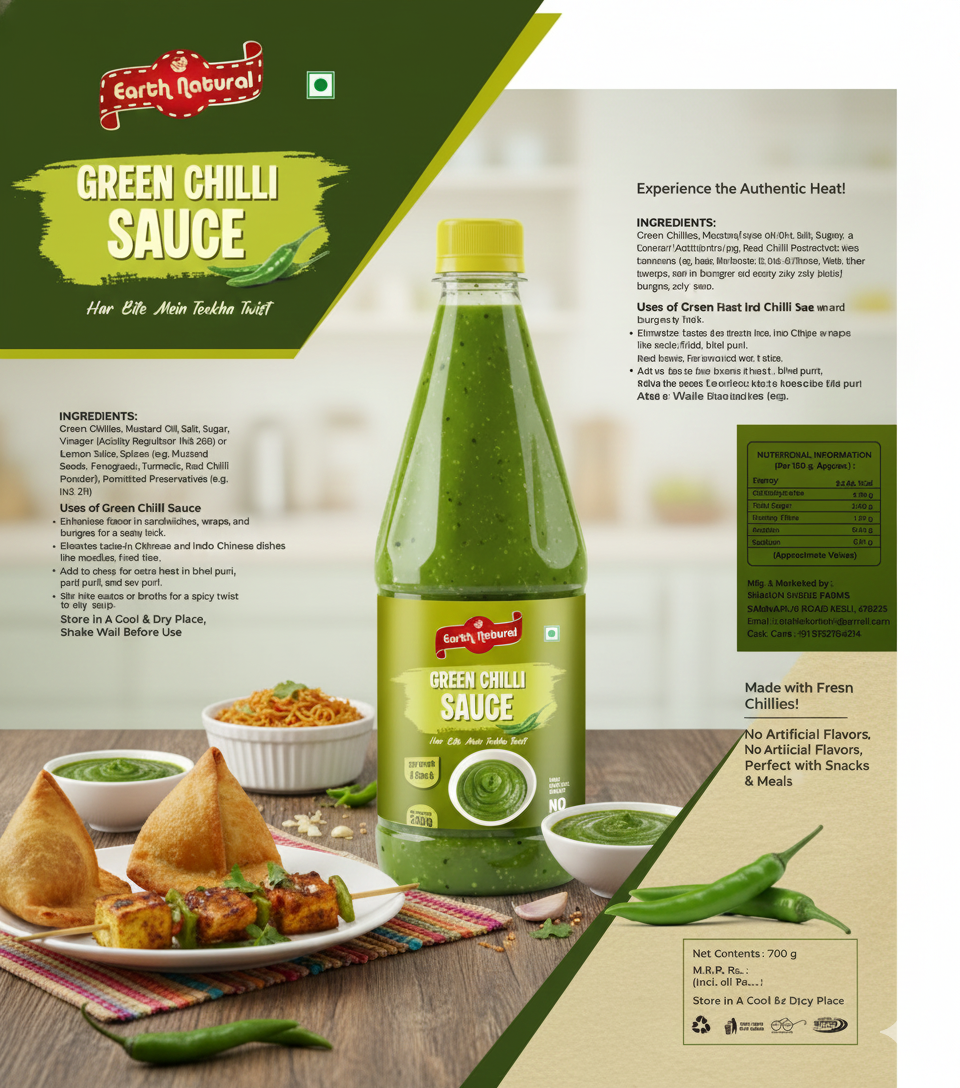 Earth Natural Green Chilli Sauce (700g) – Spicy Tangy Sauce for Snacks & Meals