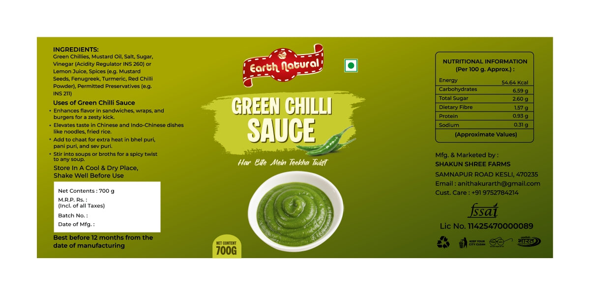 Earth Natural Green Chilli Sauce (700g) – Spicy Tangy Sauce for Snacks & Meals