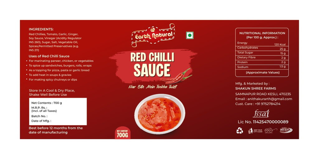 Earth Natural Red Chilli Sauce (700g) – Spicy Tangy Rich Flavor for Snacks & Meals