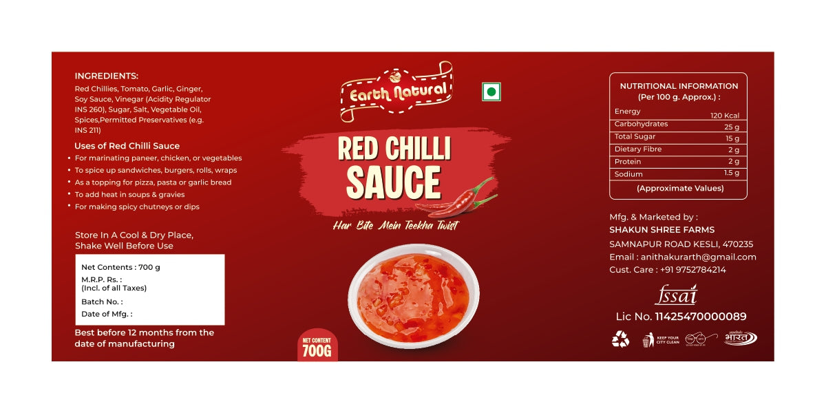 Earth Natural Red Chilli Sauce (700g) – Spicy Tangy Rich Flavor for Snacks & Meals
