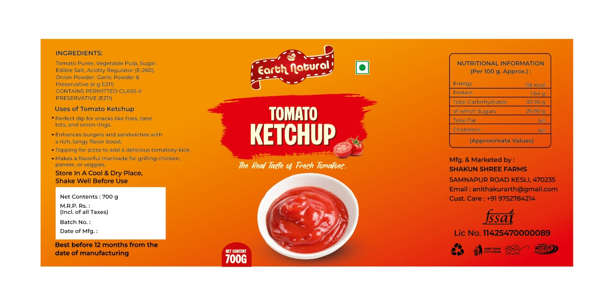 Earth Natural Tomato Ketchup (700g) – Rich Tangy Sweet Sauce for Snacks & Meals
