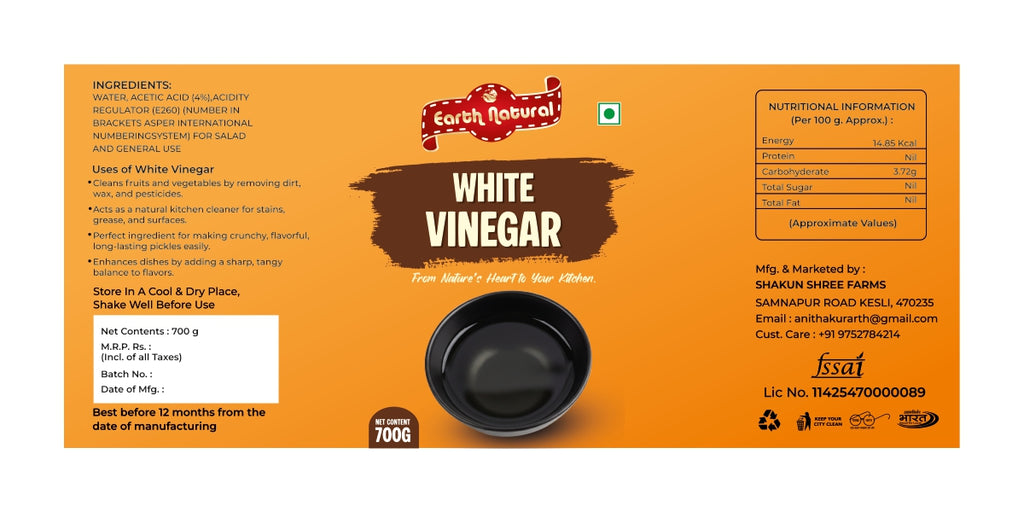 Earth Natural White Vinegar (700g) – Pure Multipurpose for Cooking, Pickling & Preservation